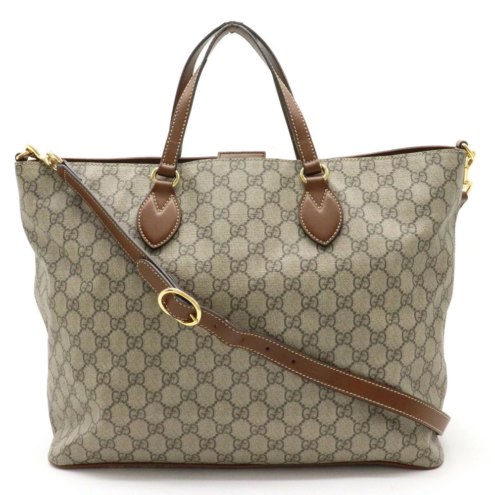 Gucci GG Supreme Tote Bag Shoulder Leather Beige Brown Cream Brown